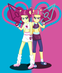 Size: 1024x1216 | Tagged: safe, artist:deannaphantom13, edit, character:majorette, character:sour sweet, character:sweeten sour, my little pony:equestria girls, belly button, clothing, cutie mark, exeron fighters, exeron gloves, freckles, gloves, leggings, long lost sisters, majorette, midriff, ponied up, shoes, similarities, skirt, socks, sports bra, sweeten sour, sweetly and sourly, twin sisters