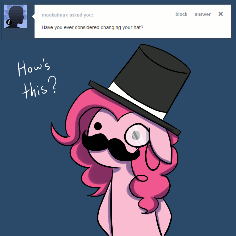Size: 1000x1000 | Tagged: safe, artist:maplesunrise, character:pinkie pie, animated, ask, ask snuggle pie, clothing, cute, dapper, diapinkes, dot eyes, female, floppy ears, hat, monocle, moustache, solo, top hat, tumblr