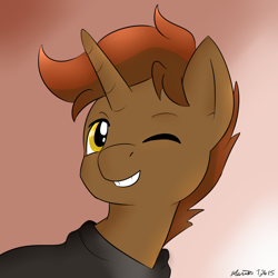 Size: 1200x1200 | Tagged: safe, artist:melodicmarzipan, oc, oc only, oc:shadowheart, species:pony, species:unicorn, brown mane, cloak, clothing, cute, golden eyes, one eye closed, simple background, smiling, solo, wink