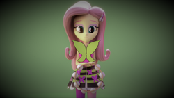 Size: 3840x2160 | Tagged: safe, artist:efk-san, character:fluttershy, equestria girls:rainbow rocks, g4, my little pony: equestria girls, my little pony:equestria girls, 3d, bedroom eyes, blender, butterfly, clothing, female, gradient background, green background, high res, looking at you, musical instrument, rainbow rocks outfit, skirt, solo, tambourine, wallpaper