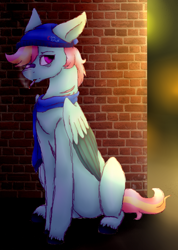 Size: 910x1281 | Tagged: safe, artist:anxiouslilnerd, oc, oc only, species:pegasus, species:pony, bandaid, beanie, cigarette, clothing, cloven hooves, dta entry, hat, rebel, scar, scarf, shaded sketch, wall