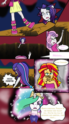 Size: 2642x4745 | Tagged: safe, artist:deannaphantom13, character:princess celestia, character:rarity, character:sunset shimmer, character:sweetie belle, species:pony, comic:equestrian city, equestria girls:rainbow rocks, g4, my little pony: equestria girls, my little pony:equestria girls, absurd resolution, boots, clothing, comic, dialogue, disappointed, equestrian city, falling, female, mare, ponied up, shoes, suggestive series