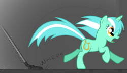 Size: 1190x685 | Tagged: safe, artist:uxyd, edit, character:lyra heartstrings, species:pony, species:unicorn, behaving like a cat, female, running, scared, solo, vacuum cleaner