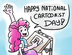 Size: 850x650 | Tagged: safe, artist:rawrienstein, character:pinkie pie, my little pony:equestria girls, cartoonist, drawing, female, happy, holiday, national cartoonist day, smiling, smirk, solo, waving