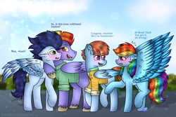 Size: 1024x683 | Tagged: safe, artist:northlights8, character:bow hothoof, character:rainbow dash, character:soarin', character:windy whistles, species:pony, ship:soarindash, ship:windyhoof, episode:parental glideance, g4, my little pony: friendship is magic, blushing, embarrassed, female, male, rainbow dash's parents, shipping, spread wings, straight, wings