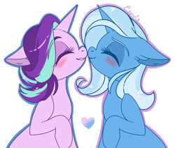Size: 1081x918 | Tagged: safe, artist:esmeia, character:starlight glimmer, character:trixie, species:pony, species:unicorn, ship:startrix, blushing, boop, ear fluff, eyes closed, female, floppy ears, heart, lesbian, mare, noseboop, nuzzling, shipping, signature, simple background, smiling, transparent background