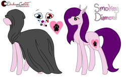 Size: 2082x1327 | Tagged: safe, artist:anxiouslilnerd, oc, oc only, oc:smokey diamond, species:pony, changeling ears, cloak, clothing, female, heterochromia, mare, reference sheet, simple background, solo, transparent background
