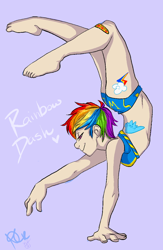 Size: 600x919 | Tagged: safe, artist:collaredginger, character:rainbow dash, backbend, bandaid, bikini, clothing, contortionist, female, flexible, handstand, humanized, solo, swimsuit