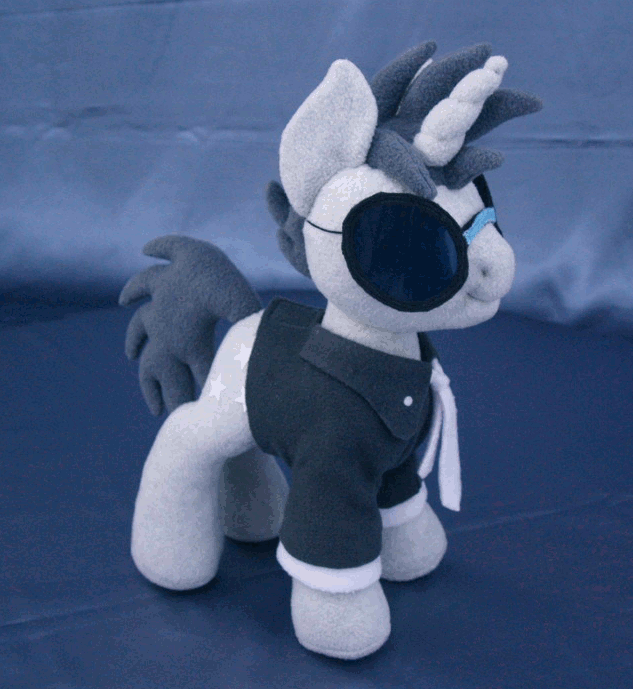 Size: 633x689 | Tagged: safe, artist:adamar44, character:neon lights, character:rising star, species:pony, species:unicorn, animated, background pony, gif, irl, male, necktie, perfect loop, photo, plushie, rotating, solo, stallion, stop motion, sunglasses