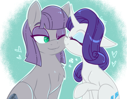 Size: 968x760 | Tagged: safe, artist:esmeia, character:maud pie, character:rarity, species:earth pony, species:pony, species:unicorn, ship:rarimaud, eyes closed, female, heart, lesbian, mare, nuzzling, one eye closed, shipping, smiling, story included, when she smiles, wrong cutie mark