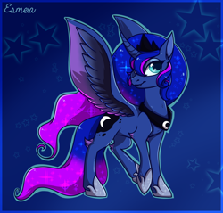 Size: 1030x985 | Tagged: safe, artist:esmeia, character:princess luna, species:alicorn, species:pony, curved horn, cute, cute little fangs, ethereal mane, fangs, female, galaxy mane, hoof shoes, mare, peytral, solo, spread wings, wings