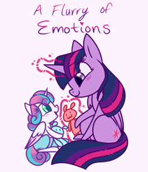 Size: 660x768 | Tagged: safe, artist:esmeia, character:princess flurry heart, character:twilight sparkle, character:twilight sparkle (alicorn), species:alicorn, species:pony, episode:a flurry of emotions, g4, my little pony: friendship is magic, aunt and niece, best aunt ever, blushing, diaper, duo, female, filly, magic, mare, plushie, simple background, story included, telekinesis, title card