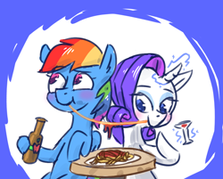 Size: 720x580 | Tagged: safe, artist:rawrienstein, character:rainbow dash, character:rarity, species:pony, ship:raridash, blushing, cider, female, food, glass, imminent kissing, lady and the tramp, lesbian, pasta, shipping, spaghetti, spaghetti scene, wine glass