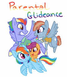 Size: 660x768 | Tagged: safe, artist:esmeia, character:bow hothoof, character:rainbow dash, character:scootaloo, character:windy whistles, species:pegasus, species:pony, episode:parental glideance, g4, my little pony: friendship is magic, clothing, cute, cutealoo, dashabetes, female, filly, flying, grin, male, mare, rainbow dash's parents, scootalove, smiling, stallion, story included, title card, windybetes