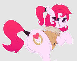 Size: 1209x957 | Tagged: safe, artist:lunarmarshmallow, oc, oc only, oc:marshmallow, species:earth pony, species:pony, beauty mark, clothing, coat, eyeshadow, female, jacket, lidded eyes, lipstick, looking at you, makeup, mare, open mouth, plot, ponytail, simple background, solo, tail wrap, the ass was fat