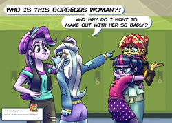 Size: 1400x1000 | Tagged: safe, artist:rawrienstein, character:starlight glimmer, character:sunset shimmer, character:trixie, character:twilight sparkle, character:twilight sparkle (scitwi), species:eqg human, ship:scitwishimmer, ship:startrix, ship:sunsetsparkle, my little pony:equestria girls, counterparts, female, hug, implied shimmerglimmer, implied startrixset, implied suntrix, jealous, lesbian, possessive, shipping, twilight's counterparts