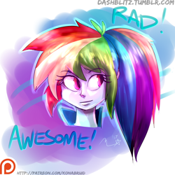 Size: 900x900 | Tagged: safe, artist:manic-the-lad, character:rainbow dash, my little pony:equestria girls, a dash of everything, aesthetics, alternate hairstyle, awesome, bust, female, patreon, patreon logo, ponytail, solo, text