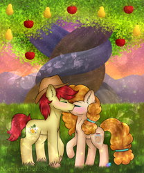 Size: 1024x1229 | Tagged: safe, artist:northlights8, character:bright mac, character:pear butter, species:pony, ship:brightbutter, episode:the perfect pear, g4, my little pony: friendship is magic, apple tree, blushing, female, intertwined trees, kissing, male, pear tree, shipping, straight, tree