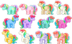Size: 383x236 | Tagged: safe, artist:conphettey, character:moonstone, character:parasol (g1), character:skydancer, character:starflower, species:pony, g1, confetti (g1), flutterbye, moonstone, pinwheel, pixel art, rainbow ponies, simple background, starshine, sunlight (g1), tickle (g1), transparent background, trickles, windy (g1)