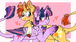 Size: 1200x675 | Tagged: safe, artist:wanderingpegasus, character:sunburst, character:twilight sparkle, character:twilight sparkle (alicorn), species:alicorn, species:classical unicorn, species:pony, species:unicorn, ship:twiburst, blushing, chest fluff, cloven hooves, colored wings, colored wingtips, curved horn, ear fluff, female, fluffy, heart, heart eyes, hug, leonine tail, male, mare, shipping, stallion, straight, unshorn fetlocks, wingding eyes
