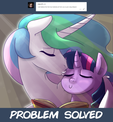 Size: 1200x1300 | Tagged: safe, artist:rawrienstein, character:princess celestia, character:twilight sparkle, species:alicorn, species:pony, ship:twilestia, ask, book, eyes closed, female, forehead kiss, lesbian, mare, shipping, tumblr, wing hold