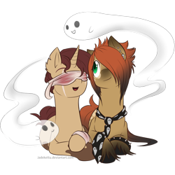 Size: 1024x1024 | Tagged: safe, artist:jadekettu, oc, oc only, oc:chocolate heart, oc:spectra, species:pony, bandage, blindfold, couple, duo, ghost, necktie, simple background, transparent background