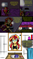 Size: 3742x6567 | Tagged: safe, artist:deannaphantom13, character:sunset shimmer, comic:equestrian city, my little pony:equestria girls, absurd resolution, alarm clock, bathroom, bra, clock, clothing, comic, equestrian city, feet, female, mirror, monologue, panties, sink, solo, suggestive series, toothbrush, toothpaste, towel, underwear