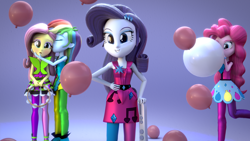 Size: 3840x2160 | Tagged: safe, artist:efk-san, character:fluttershy, character:pinkie pie, character:rainbow dash, character:rarity, ship:flutterdash, my little pony:equestria girls, 3d, balloon, blender, blowing up balloons, blushing, clothing, female, high res, inflating, keytar, lesbian, musical instrument, shipping, tambourine