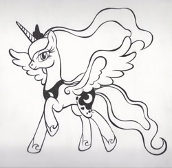 Size: 2536x2481 | Tagged: safe, artist:deannaphantom13, character:princess luna, species:alicorn, species:pony, female, looking at you, mare, monochrome, simple background, smiling, solo, traditional art, white background