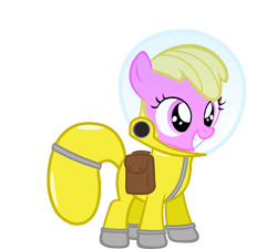 Size: 3037x2729 | Tagged: safe, artist:aborrozakale, oc, oc only, oc:puppysmiles, species:earth pony, species:pony, fallout equestria, fallout equestria: pink eyes, fanfic, fanfic art, female, filly, foal, hazmat suit, high res, hooves, saddle bag, simple background, smiling, solo, teeth, transparent background, vector
