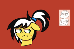 Size: 905x597 | Tagged: safe, artist:feralroku, derpibooru original, oc, oc only, oc:uppercute, species:pony, bust, expression, floppy ears, portrait, red background, simple background, solo, unamused