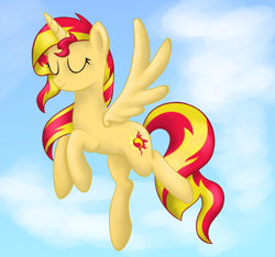 Size: 2912x2720 | Tagged: safe, artist:deannaphantom13, character:sunset shimmer, species:alicorn, species:pony, alicornified, eyes closed, female, flying, mare, race swap, shimmercorn, sky, smiling, solo