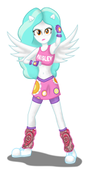 Size: 1950x3600 | Tagged: safe, artist:deannaphantom13, character:paisley, my little pony:equestria girls, armpits, belly button, clothing, exeron fighters, exeron gloves, female, fingerless gloves, gloves, looking at you, midriff, ponied up, serious, serious face, simple background, skirt, solo, sports bra, spread wings, transparent background, wings