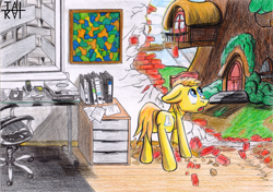 Size: 1280x899 | Tagged: safe, artist:tai kai, oc, oc only, species:pony, chair, dimensional cracks, equestria, golden oaks library, human world, keyboard, portal, printer, rolls, scanner, solo, traditional art, window