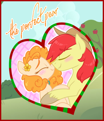 Size: 660x768 | Tagged: safe, artist:esmeia, character:bright mac, character:pear butter, species:earth pony, species:pony, ship:brightbutter, episode:the perfect pear, g4, my little pony: friendship is magic, apple tree, blushing, bust, female, heart, male, mare, nuzzling, portrait, stallion, story included, title card, tree