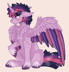 Size: 666x697 | Tagged: safe, artist:wanderingpegasus, character:twilight sparkle, character:twilight sparkle (alicorn), oc:dusk shine, species:alicorn, species:pony, chest fluff, colored wings, fluffy, male, multicolored wings, prince dusk, raised hoof, rule 63, simple background, sitting, solo, stallion, unshorn fetlocks