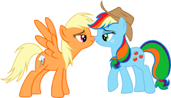 Size: 4438x2544 | Tagged: safe, artist:aborrozakale, character:applejack, character:rainbow dash, species:earth pony, species:pegasus, species:pony, ship:appledash, female, high res, lesbian, mare, nuzzling, palette swap, recolor, shipping, simple background, transparent background, vector