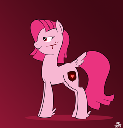 Size: 1224x1268 | Tagged: safe, artist:feralroku, derpibooru original, oc, oc only, oc:hacky, species:earth pony, species:pony, blood, cut, feather, gradient background, irc, pinkie clone, smiling, solo, tail feathers