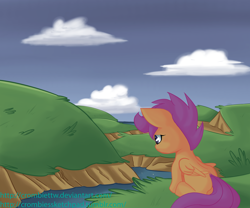 Size: 2400x2000 | Tagged: safe, artist:crombiettw, character:scootaloo, species:pegasus, species:pony, cloud, female, filly, river, sitting, solo, upset