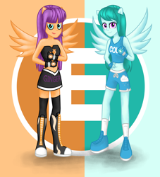 Size: 3296x3634 | Tagged: safe, artist:deannaphantom13, character:cold forecast, character:ginger owlseye, my little pony:equestria girls, background human, belly button, clothing, commission, duo, duo female, exeron fighters, exeron gloves, female, fingerless gloves, gloves, looking at you, midriff, ponied up, skirt, smiling, sports bra, sports shorts, tank top, tube top