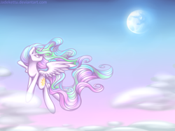 Size: 1024x768 | Tagged: safe, artist:jadekettu, character:nightmare moon, character:princess celestia, character:princess luna, species:alicorn, species:pony, cloud, female, flying, looking back, mare, mare in the moon, moon, sky, solo