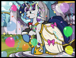 Size: 6765x5159 | Tagged: safe, artist:paperlover, character:night light, character:twilight velvet, species:pony, species:unicorn, ship:nightvelvet, absurd resolution, balloon, clothing, confetti, cute, dress, female, horn ring, jewelry, male, mare, marriage, one eye closed, ring, shipping, stallion, straight, tuxedo, wedding, wedding dress, wedding ring, wink