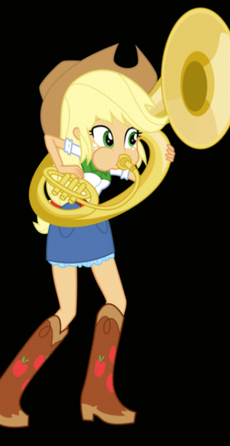 Size: 330x640 | Tagged: safe, artist:discorded-joker, artist:haleyc4629, edit, character:applejack, my little pony:equestria girls, animated, eyes closed, female, gif, musical instrument, playing hard, playing instrument, solo, sousaphone, tuba, tubajack