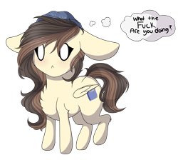 Size: 3839x3439 | Tagged: safe, artist:crazllana, oc, oc only, oc:leia, species:pegasus, species:pony, chibi, female, floppy ears, high res, mare, simple background, solo, thought bubble, transparent background, vulgar