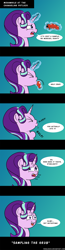 Size: 640x2444 | Tagged: safe, artist:feralroku, character:starlight glimmer, character:trixie, species:pony, episode:to change a changeling, g4, my little pony: friendship is magic, comic, eating, eyes closed, gradient background, grub, insect, magic, offscreen character, ponies eating bugs, ponies eating meat, reference, telekinesis, the lion king
