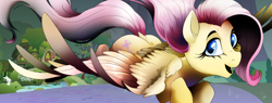 Size: 5000x1900 | Tagged: safe, artist:dormin-dim, character:angel bunny, character:fluttershy, species:pegasus, species:pony, cute, female, fluttershy's cottage, flying, looking at you, mare, shyabetes, smiling, solo