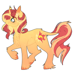 Size: 768x768 | Tagged: safe, artist:wanderingpegasus, character:sunset shimmer, species:classical unicorn, species:pony, species:unicorn, cloven hooves, cutie mark, female, horn, leonine tail, mare, solo, unshorn fetlocks, walking
