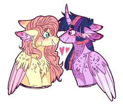 Size: 768x655 | Tagged: safe, artist:wanderingpegasus, character:fluttershy, character:twilight sparkle, character:twilight sparkle (alicorn), species:alicorn, species:pegasus, species:pony, ship:twishy, boop, duo, duo female, female, floppy ears, heart, horn, lesbian, mare, nuzzling, shipping, wings