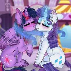 Size: 600x600 | Tagged: safe, artist:wanderingpegasus, character:rarity, character:twilight sparkle, character:twilight sparkle (alicorn), species:alicorn, species:pony, species:unicorn, ship:rarilight, blushing, clothing, cutie mark, duo, duo female, eyes closed, female, horn, lesbian, magic, mare, nuzzling, scarf, shipping, sitting, unshorn fetlocks, watermark, wings