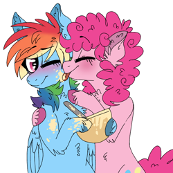 Size: 768x768 | Tagged: safe, artist:wanderingpegasus, character:pinkie pie, character:rainbow dash, species:earth pony, species:pegasus, species:pony, ship:pinkiedash, blushing, chest fluff, ear fluff, eyes closed, female, lesbian, licking, mare, one eye closed, shipping, simple background, smiling, tongue out, unshorn fetlocks, white background